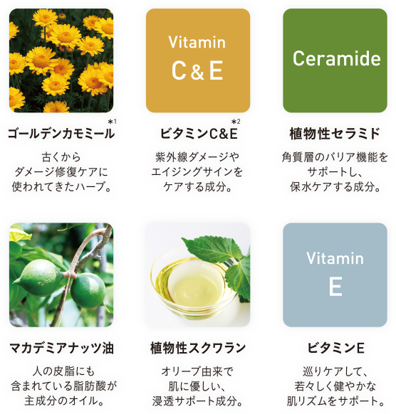 ゴールデンカモミール/ビタミンC＆E/植物性セラミド/マカデミアナッツ油/植物性スクワラン/ビタミンE