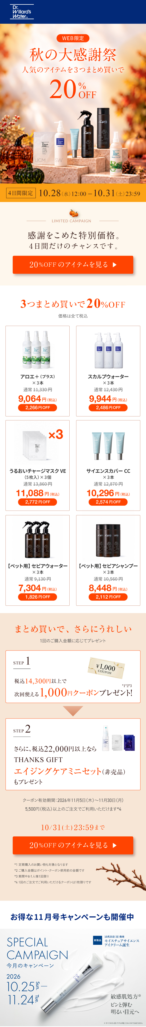 WEB限定 秋の大感謝祭 人気のアイテムを3つまとめ買いで20%OFF 10.28(水)12:00〜10.31(土)23:59