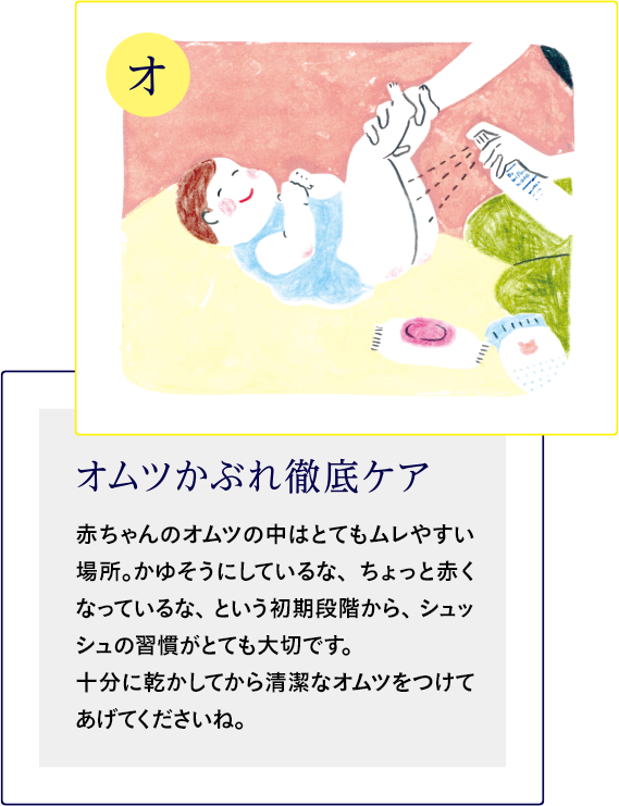 オムツかぶれ徹底ケア:赤ちゃんのオムツの中はとてもムレやすい場所。かゆそうにしているな、ちょっと赤くなっているな、という初期段階から、シュッシュの習慣がとても大切です。十分に乾かしてから清潔なオムツをつけてあげてくださいね。